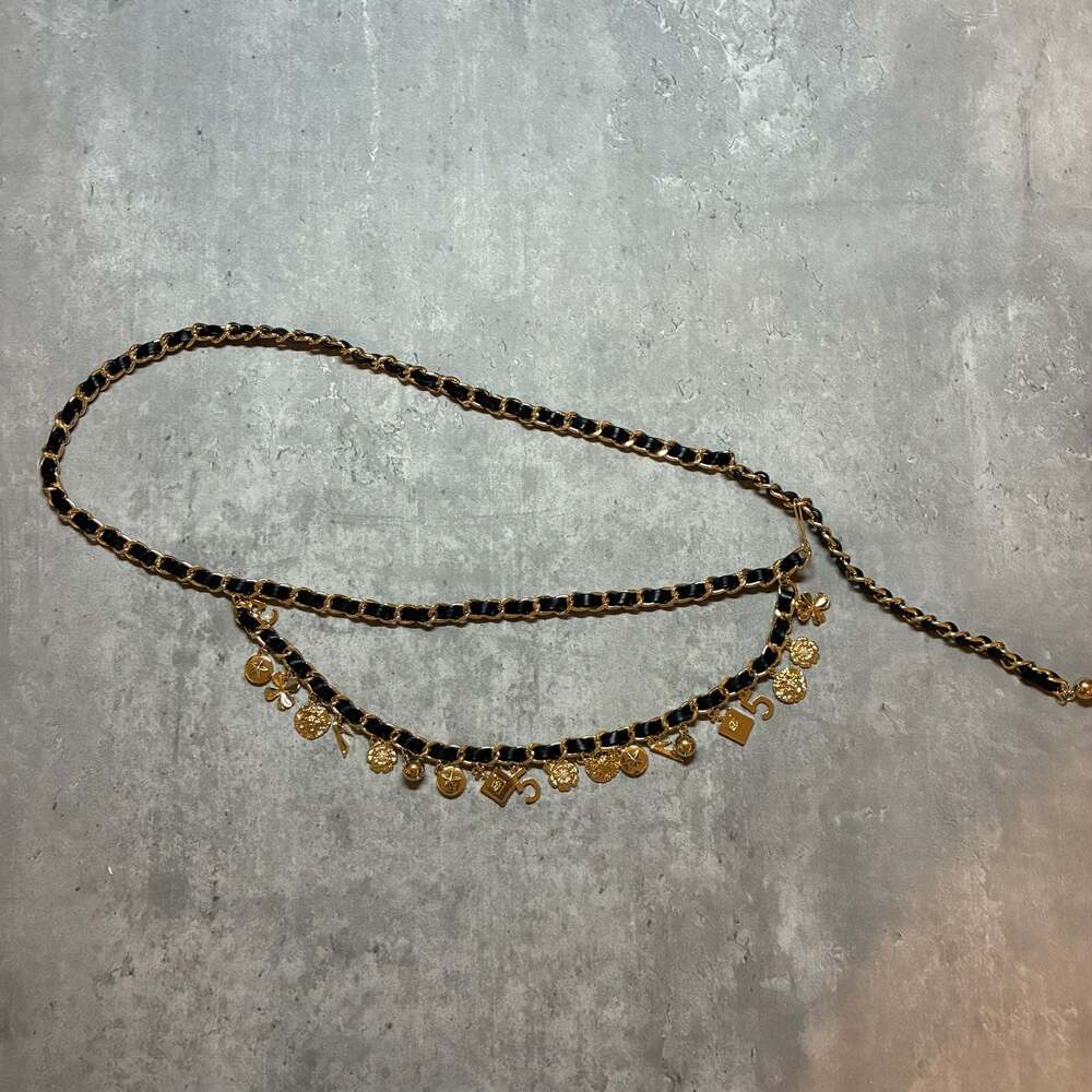 Vintage Style Gold Chain Black Belt w Charms